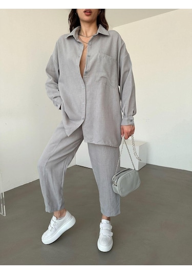 Kadın Oversize Keten Gömlek Pantolon Alt Üst Takım Gri