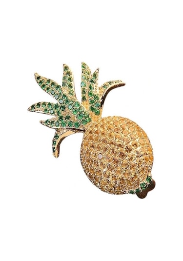Caş Dekorasyon Altın Renk Ananas Figürlü Taşlı Broş Altın