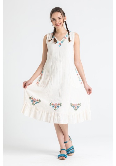 Kolsuz Şile Bezi Mehtap Midi Boy Elbise Krem Krm-krem