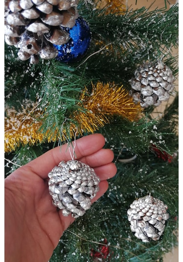 6 Adet Yılbaşı Çam Ağacı Gümüş Kozalak Süs Yeni Yıl Çam Ağacı