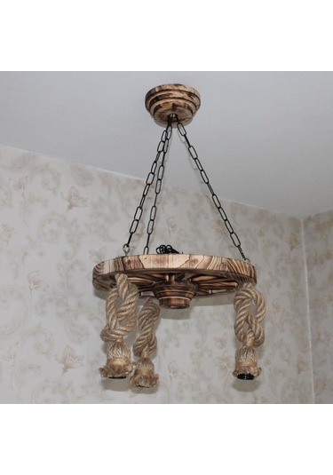 Otantik Çarşı Ahşap Halatlı Teker Avize 40 Cm. 3'lü Eskitme Ağaç