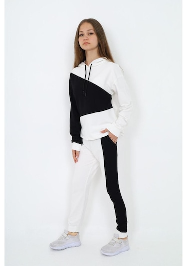 Kız Çocuk %100 Pamuk Garnili Kapüşonlu Uzun Kol Alt&üst Eşofman Takım-eşt-0018 Beyaz