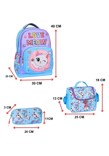 Kedi Baskılı Mavi, 3 Lü İlkokul Kız Çocuk Beslenmeli Ve Kalemlikl