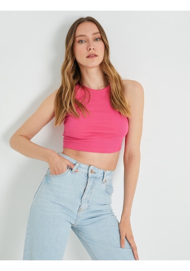 Koton Basic Crop Atlet Halter Yaka Pamuklu Fuşya 2sak10413ek Fuşya