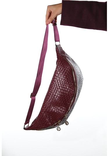 Venta Bordo Örgü Kadın Büyük Bel Çantası Bordo