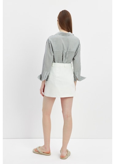Stella Pulvis Krem Cepli Nervürlü Mini Etek Krem