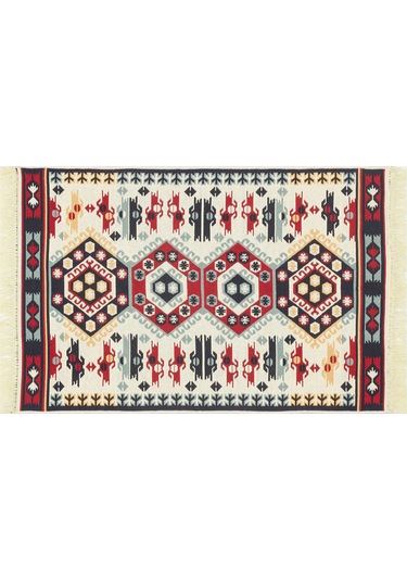 Red Cream Yıkanabilir Çift Taraflı Modern Desenli Dokuma Kilim