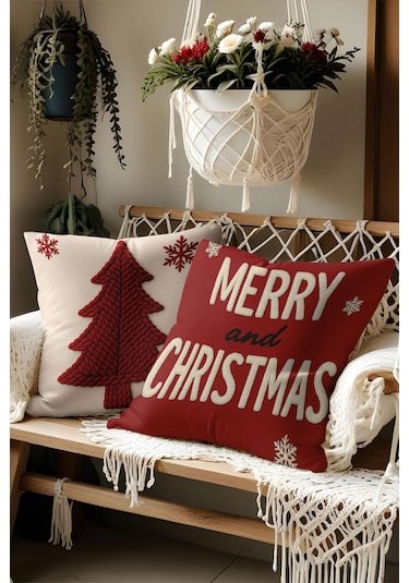 2 Li Yılbaşı Desenli, Çift Taraflı Baskı, Kırlent Kılıfı Seti Beyaz-Kırmızı