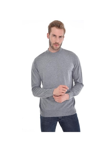 Çizgi Triko Erkek Yarım Balıkçı Angora Tavşan Yünlü Regular Kalıp Kazak 4462 Gri