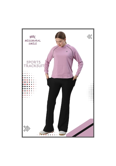 Kadın Spor Eşofman Takım İspanyol Paça Çift Cepli Alt &kapüşonlu Kanguru Cepli Üst Lila Rengi 3053 Lila