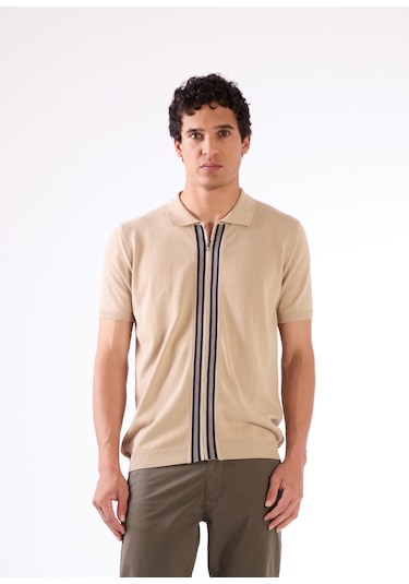 Bej Düz Erkek Triko - Slim Fit Bej