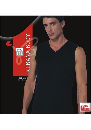 Erkek Siyah Atlet Ribana Sıfır Kol V Yaka % 100 Pamuklu Body 3 Lü Paket 116-3s Siyah