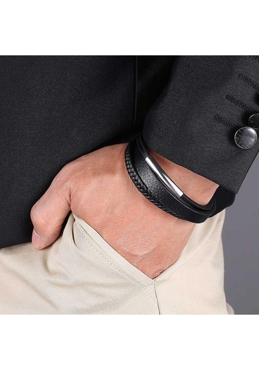 Punk Çok Katmanlı Örgülü Sarma Erkek Deri Bileklikler Paslanmaz Çelik Charm Toka El Yapımı Bilezikler Takı Hediye Siyah