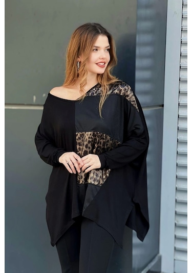 Leopar Desenli Suni Deri Detaylı Bluz Siyah