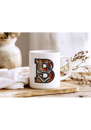 B Harfi Kaplan Figürlü Nakış Desenli Kupa Bardak - Kişiye Özel Vahşi Hayvan Desenli Kupa - Hediye 07 Beyaz