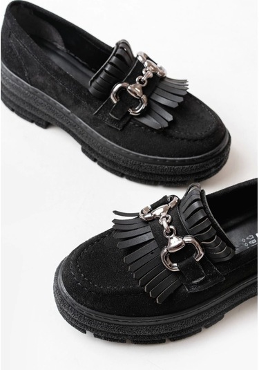 Siyah Süet Tokalı Günlük Yüksek Tabanlı Loafer Ayakkabı Siyah