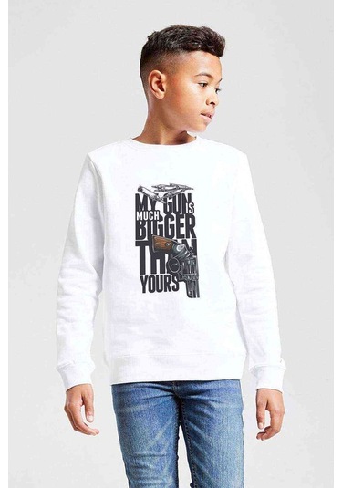 My Gun Is Bigger Baskılı Unisex Çocuk Beyaz Sweatshirt Beyaz