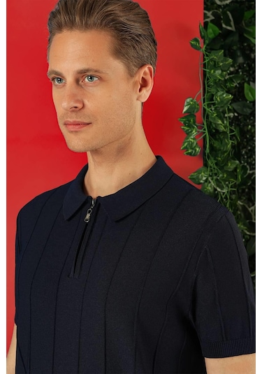 Slim Fit Fermuarlı Polo Yaka Kısa Kol Lacivert Triko Tr 865 Lacivert