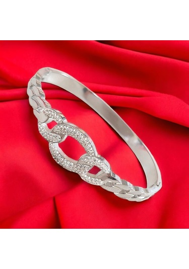 Modern Zirkon Taşlı Çelik Kelepçe Bileklik - Kararmaz Gold Kaplama Gümüş