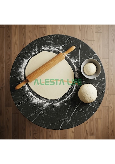 80 Cm Çap - Siyah Desenli Katlanabilir Yer Sofrası Hamur Açma Tahtası Oyun Masası - 21 Cm Yükseklik Siyah Mermer Desenli