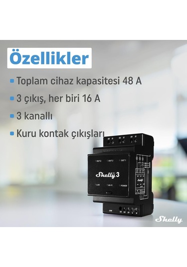 Shelly Pro 3 Dın Ray 3 Kanal Akıllı Röle