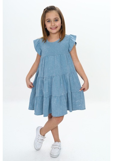 Toontoy Kız Çocuk Yıkamalı Elbise Mavi