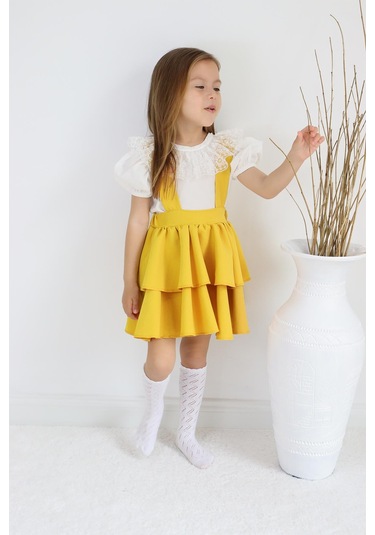 Kız Çocuk Helen Sarı Askılı Kat Kat Bağlama Jile Elbise Dantel Detay Ekru Kısa Kollu Bluz İkili Takım