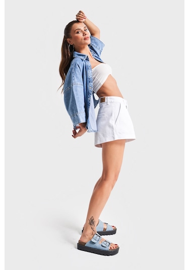 Itsbasic Kadın Beyaz Renk 5s5-2 Mini Boy Pileli %100 Koton Denim Şort