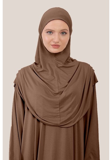 Tek Parça Tesettür Elbisesi Tak Çıkar Başörtülü Organik Pamuklu Lastikli Kolu Kaymaz Penye Kumaş Kahverengi