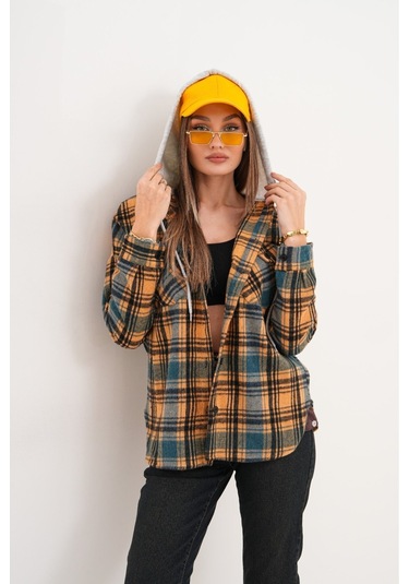 Kadın Desenli Renkli Oduncu Oversize Bol Ve Geniş Kalıp Casual Çift Kapüşonlu Ceket Gömlek Kahverengi - Mavi