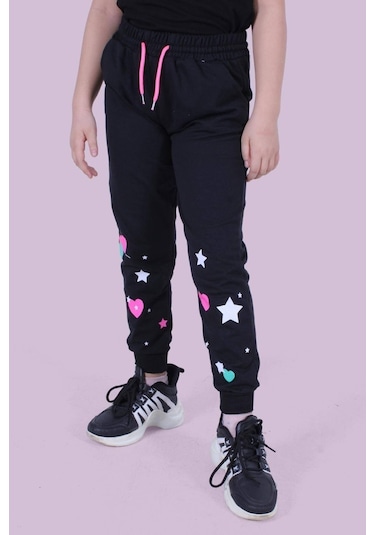 Kalp Ve Yıldız Desen Detaylı Kız Çocuk Siyah Eşofman Altı Siyah