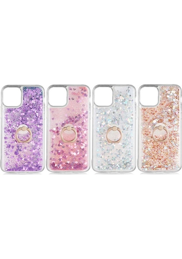 Apple Uyumlu  iPhone 11 Pro Stand Olabilen Yüzüklü Simli Sulu Kılıf Milce Kapak