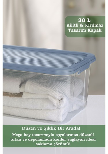 30 Lt Multibox Saklama Kabı - Kilitli Kapaklı Çok Amaçlı Düzenleyici Kiler Depolama Saklama Kutusu Mavi