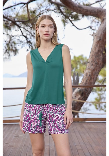 Monamise Kadın Desenli V Yaka Askılı Alt Üst Takım 25020 Yeşil