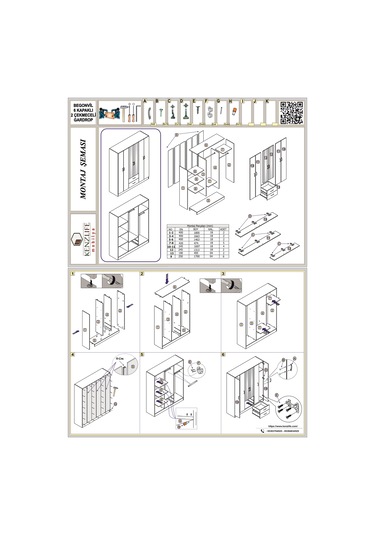 Kenzlife gardırop 6 kapılı çekmeceli begonvil180 gri kapaklı gardolap dolap