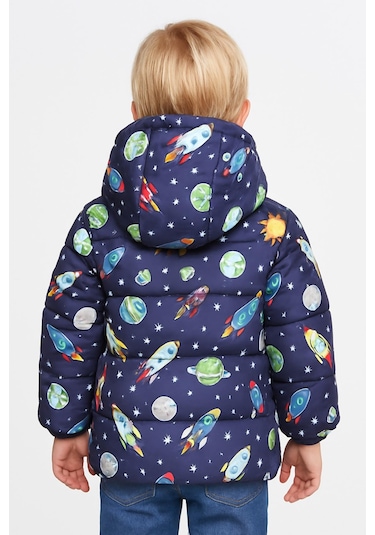 Erkek Çocuk Polarlı Kapüşonlu Ufo Desenli Kışlık Şişme Mont & Kaban & Parka Siyah