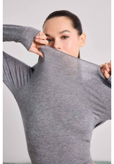 Defacto Modal Kaşmir Yumuşak Dokulu Kayık Yaka Uzun Kollu Üst-fall İn Love F2264ax25augr377 Gri