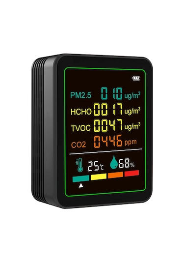 Youtek Pm2.5, Co2, Tvoc, Hcho, Sicaklık Ve Nem İzleyici - 6-1 Çevre Sensörü, Ir+yarıiletken Teknoloji, Dahili Pil Ve Siyah Ayaklı Tasarım