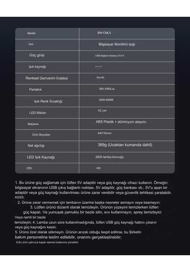 Blitzwolf Bw-cml5 Monitör Işık Çubuğu Dokunmatik / Kablosuz Kumanda Kontrol Monitor Light Bar Göz Koruma