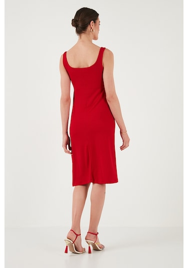 Lela Streç Slim Fit Kare Yaka Kalın Askılı Midi Boy Bayan Elbise 5866102 Kırmızı