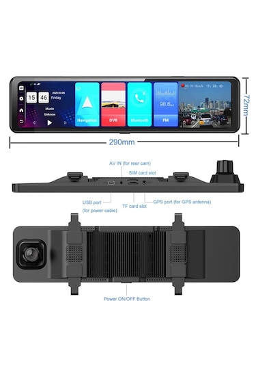 Wevolt 4g Hb-20-3 64 Gb 12 İnç Dokunmatik Ayna Kamera Android Uzaktan İzlemeli 1080p Ön Arka Araç Kamera.