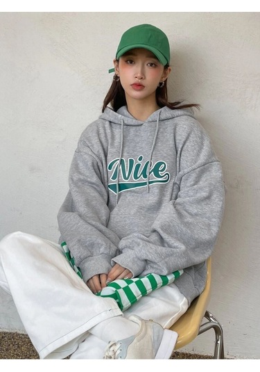 Gri Nice Baskılı Oversize Kapşonlu Sweatshirt Nicebaskılıkpsnlu