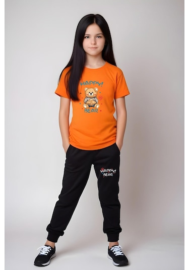 Fyk Kids Kız Çocuk Baskılı Happy Bear Bel Detayı Lastikli Alt-üst Pijama Takımı Turuncu