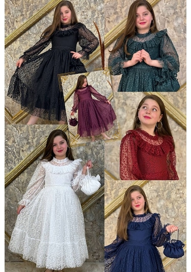 Kız Çocuk Nisa Model Tam Boy Çantalı Abiye Elbise 10 - 13 Yaş