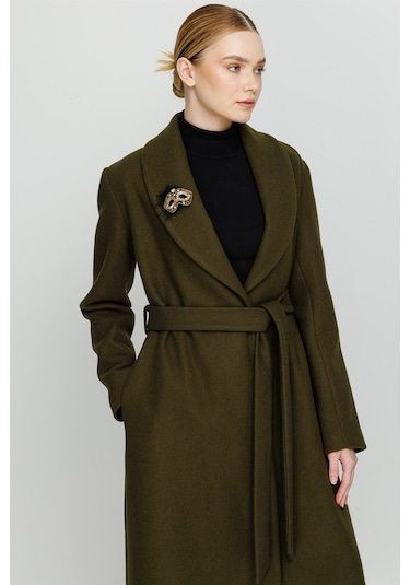 Broş Detaylı Önden Bağlamalı Ara Boy Manto Haki-haki Haki