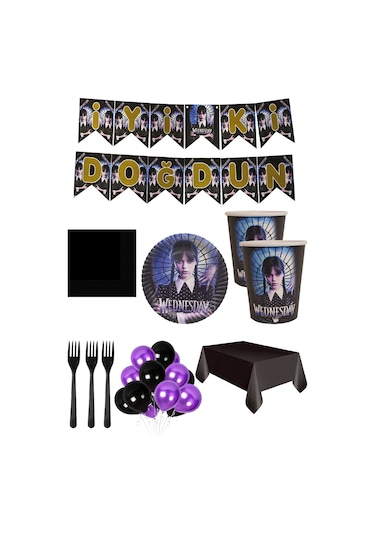 8 Kişilik Wednesday Tabak, Bardak Yazı Balon Seti, Addams Wednesday Parti Doğum Günü Parti Süsleri