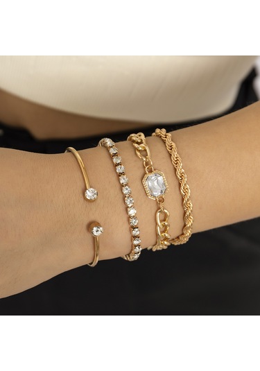 Kadınlar İçin Şık Metal Açık Bilezik Seti, Hip-hop Tam Elmas Büküm Zincir Bilezik Seti Diğer