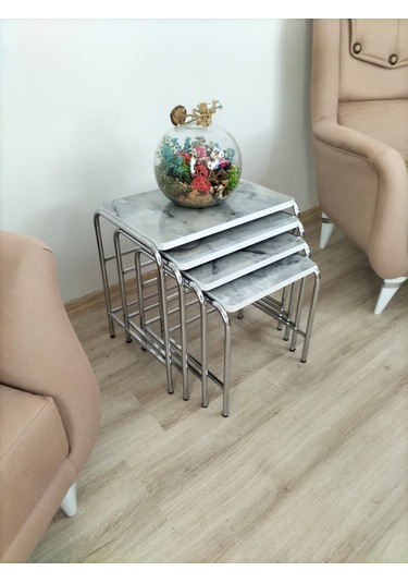 Evko Mobilya Buket Sehpa, 4'lü Zigon Sehpa, Dörtlü, Krom-duman