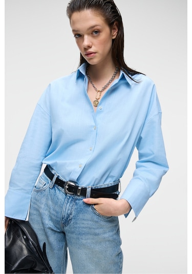 VESTA Kadın %100 Pamuk Keten Görünümlü Flamlı Oversize Mavi Gömlek