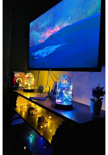 Anneler Gününe Özel Kırmızı Gül Rgb Fanus Lamba Usb'li Yapay Çiçek Dekoratif Aydınlatma Hediyelik